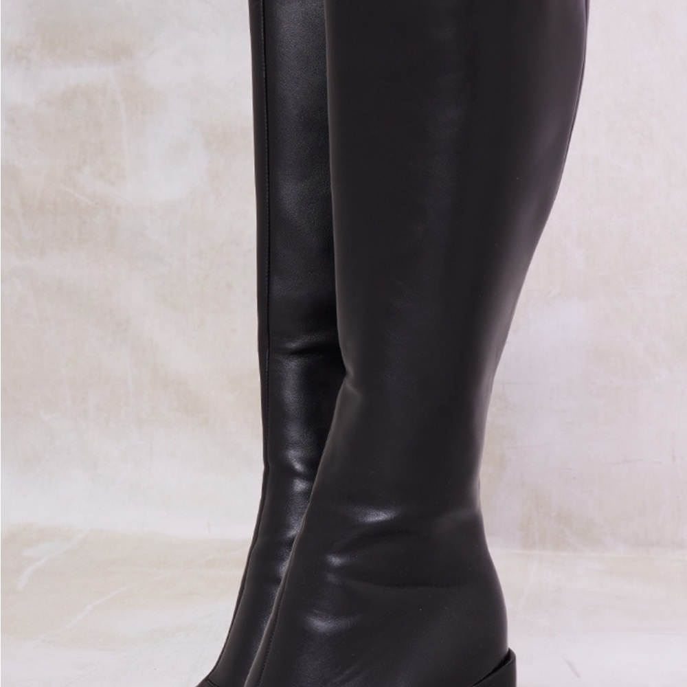 Black PU Square Toe Knee High Boots - Picture 4 of 8
